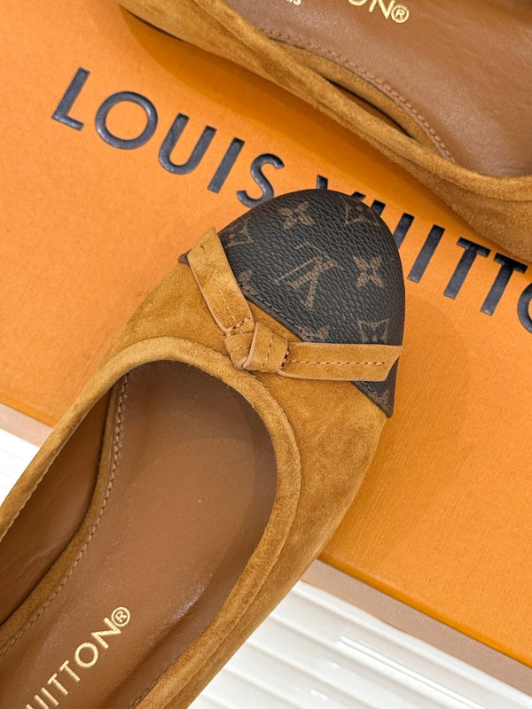LV Classic Monogram Bow Ballet Flats Brown Black in Suede 703030