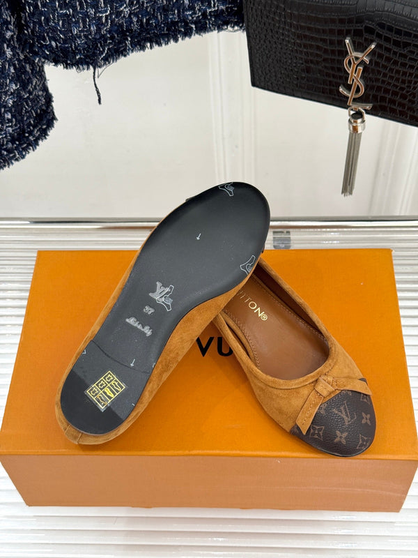 LV Classic Monogram Bow Ballet Flats Brown Black in Suede 703030