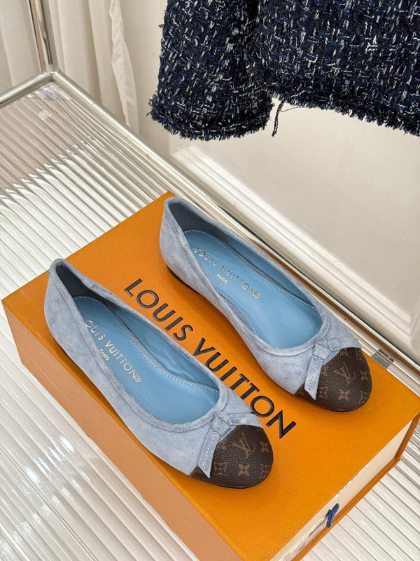 LV Classic Monogram Bow Ballet Flats Blue Black in Suede 703029