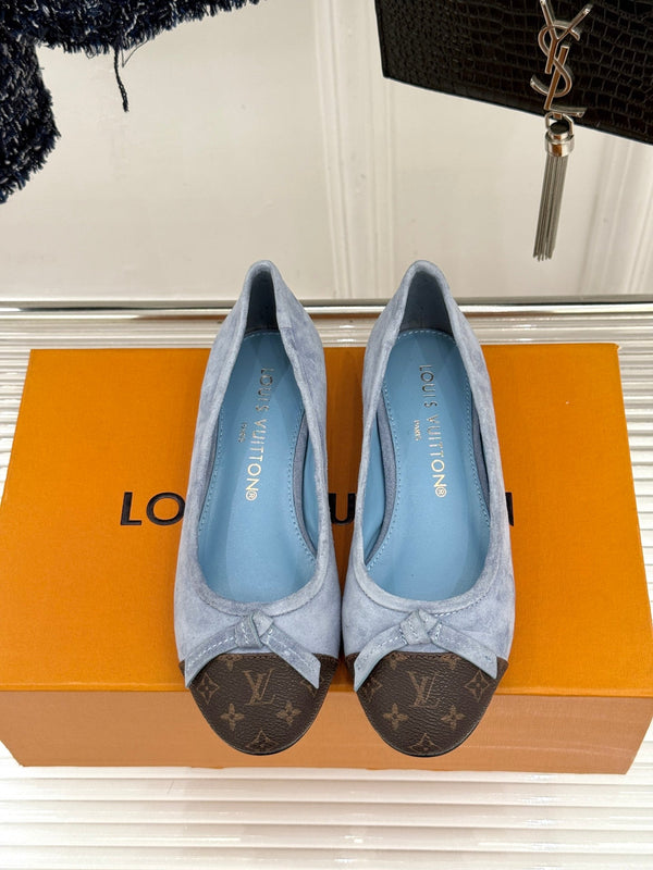 LV Classic Monogram Bow Ballet Flats Blue Black in Suede 703029