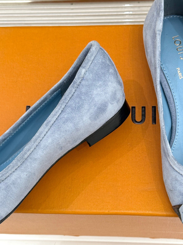 LV Classic Monogram Bow Ballet Flats Blue Black in Suede 703029