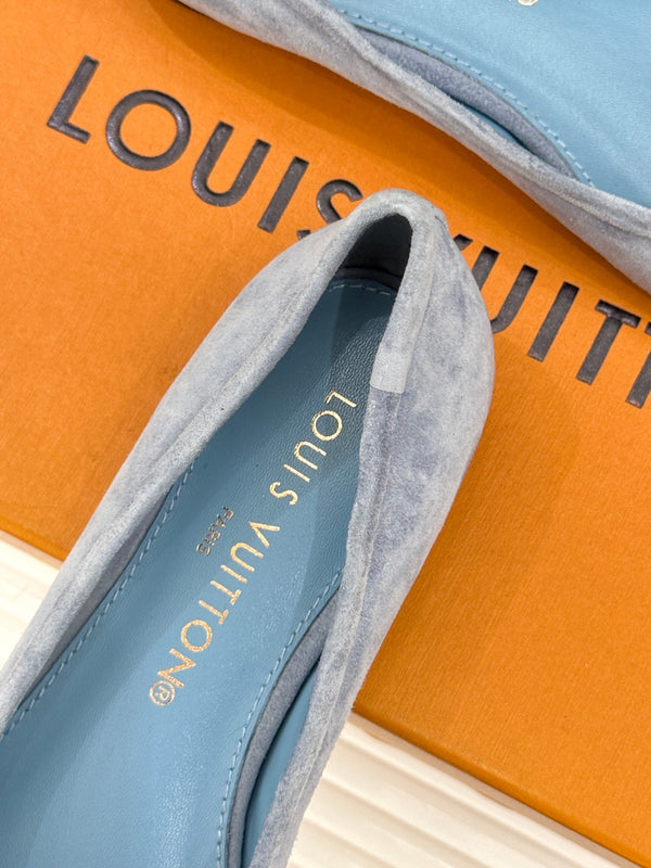 LV Classic Monogram Bow Ballet Flats Blue Black in Suede 703029