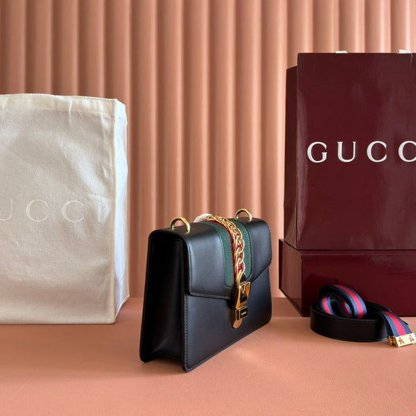 Gucci Sylvie 25.5 Shoulder Bag Black Gold in Cowhide 285222