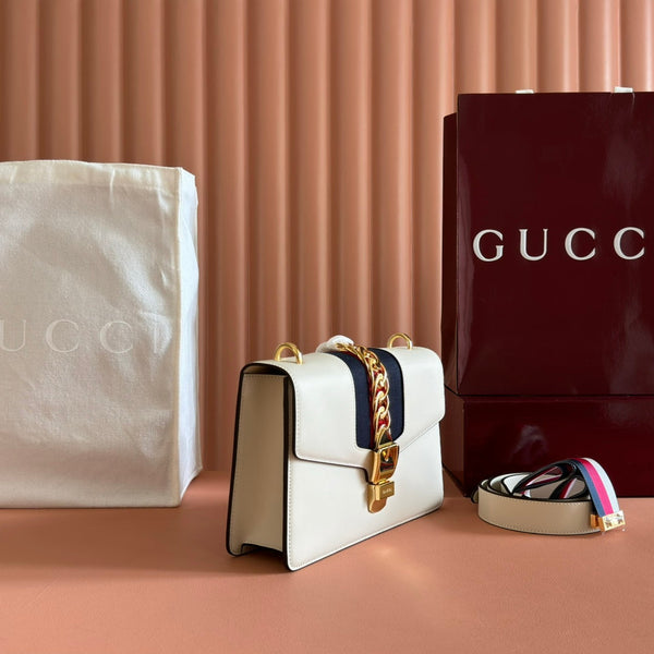 Gucci Sylvie 25.5 Shoulder Bag White Gold in Cowhide 285219