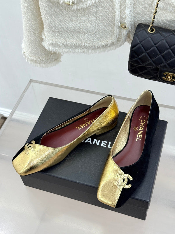 CC 26S Double C Patchwork Ballet Flat Gold Black in Customized leather 706369