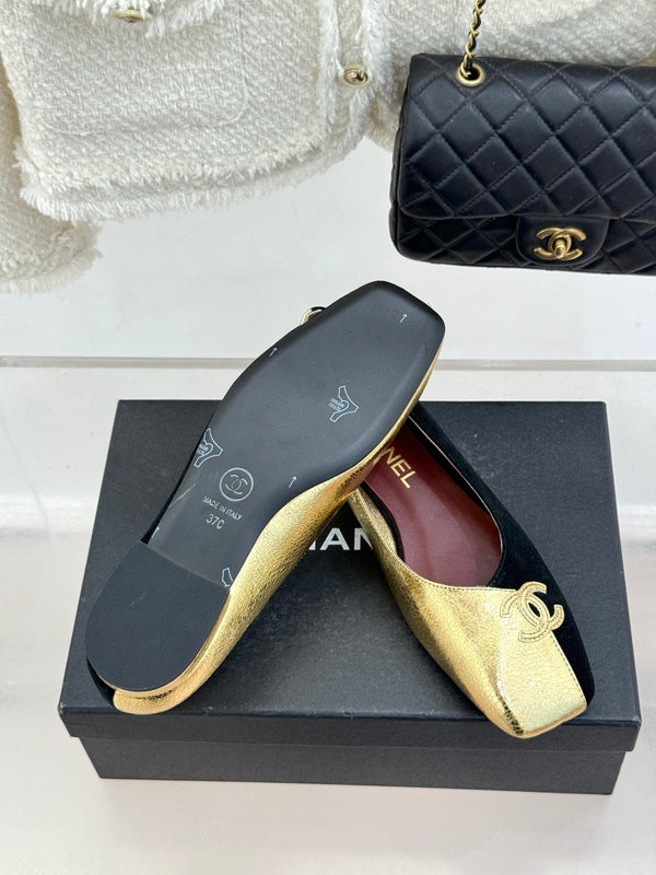CC 26S Double C Patchwork Ballet Flat Gold Black in Customized leather 706369