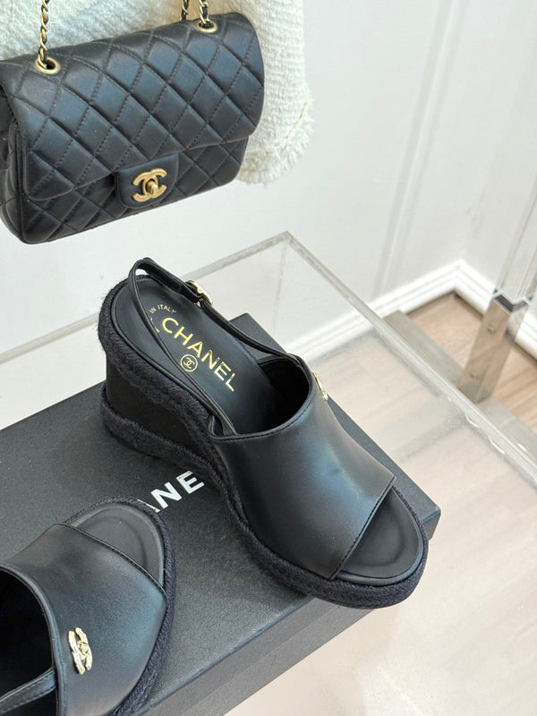 Chanel 26P Double C Rope Wedge Peep Toe Sandals Black in 706353