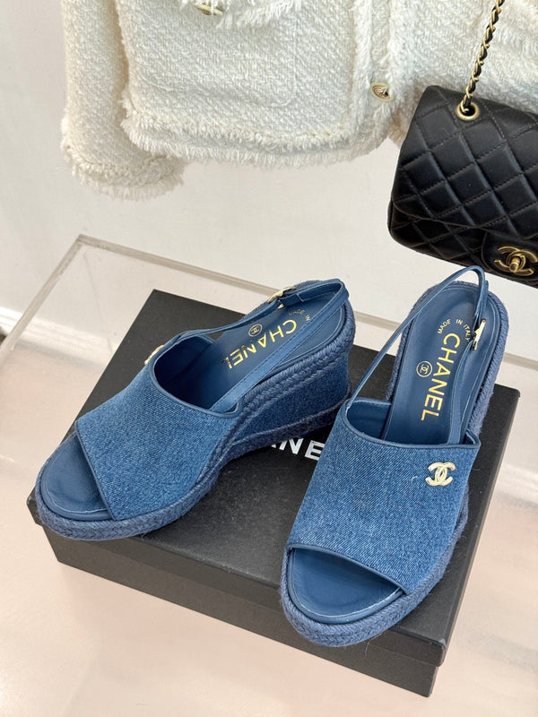 Chanel 26P Double C Rope Wedge Peep Toe Sandals Blue in Denim 706352