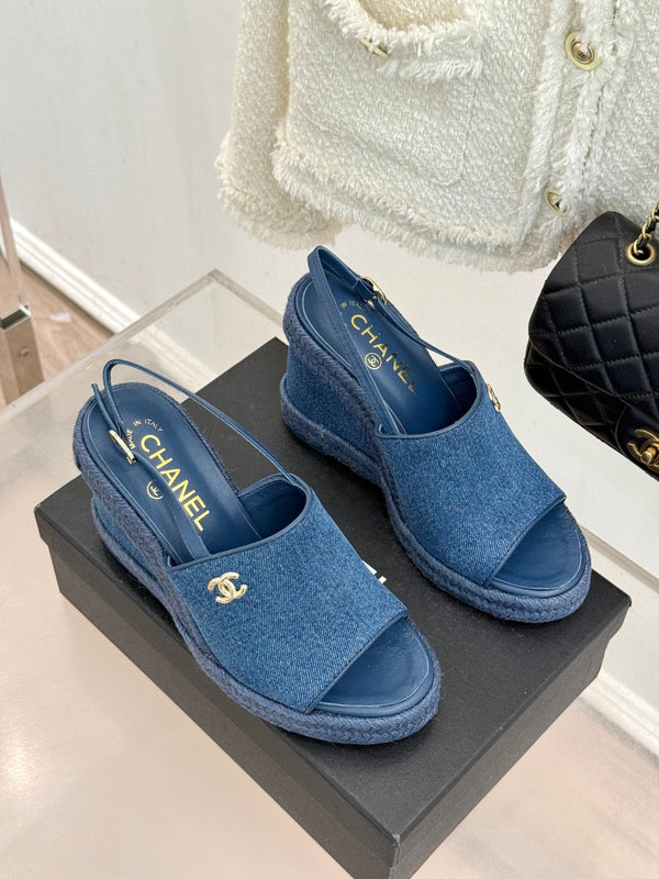 Chanel 26P Double C Rope Wedge Peep Toe Sandals Blue in Denim 706352