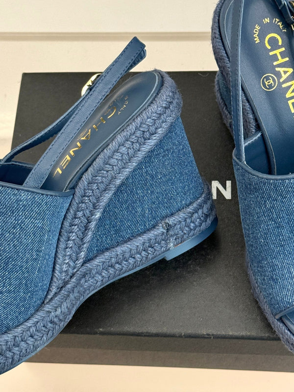 Chanel 26P Double C Rope Wedge Peep Toe Sandals Blue in Denim 706352