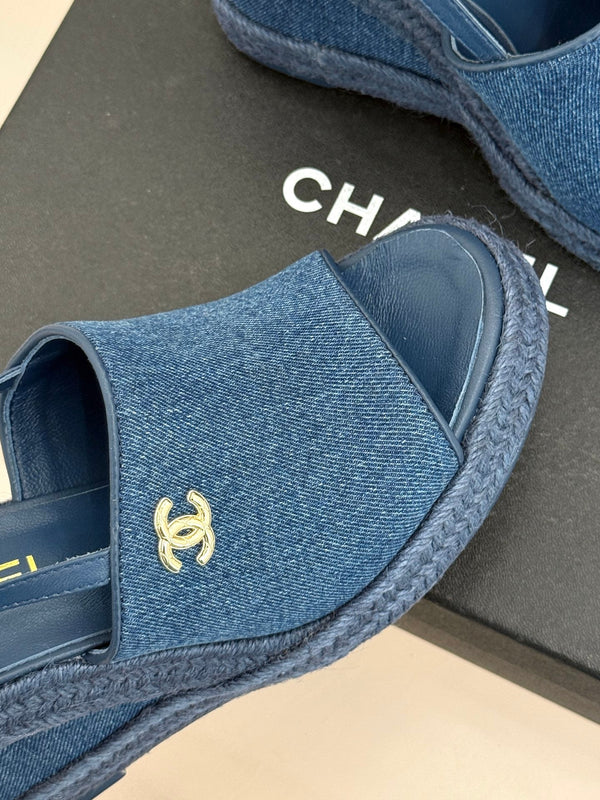 Chanel 26P Double C Rope Wedge Peep Toe Sandals Blue in Denim 706352