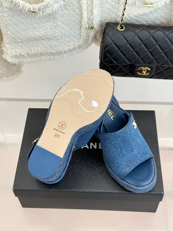 Chanel 26P Double C Rope Wedge Peep Toe Sandals Blue in Denim 706352