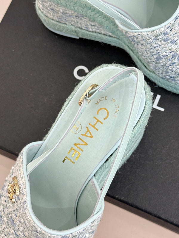 Chanel 26P Double C Rope Wedge Peep Toe Sandals Mint green in Knit 706350