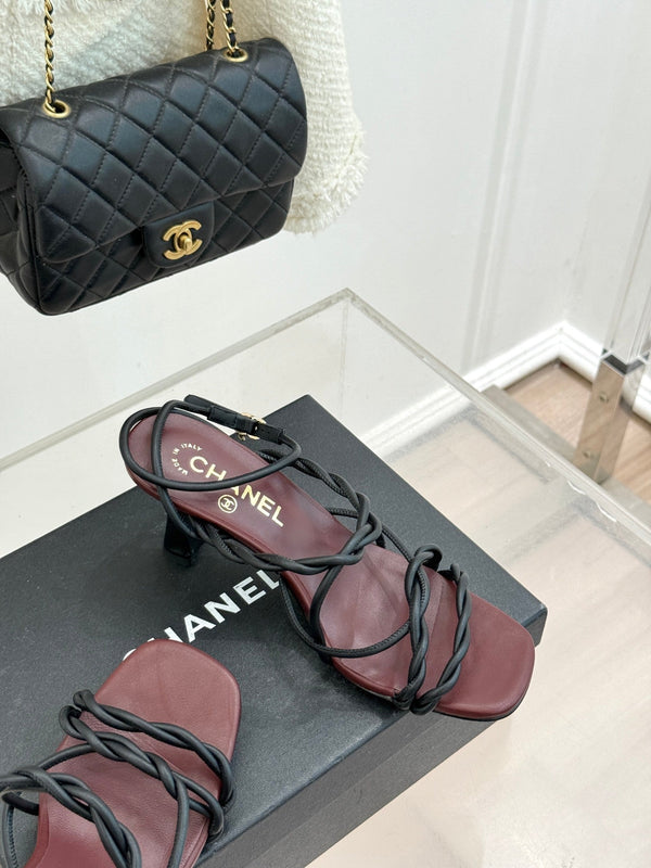 CC 26P Double C Strappy Square Toe High-Heeled 70 Sandals Burgundy in Cowhide 706348