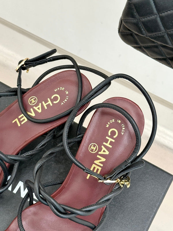 CC 26P Double C Strappy Square Toe High-Heeled 70 Sandals Burgundy in Cowhide 706348