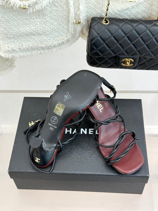 CC 26P Double C Strappy Square Toe High-Heeled 70 Sandals Burgundy in Cowhide 706348