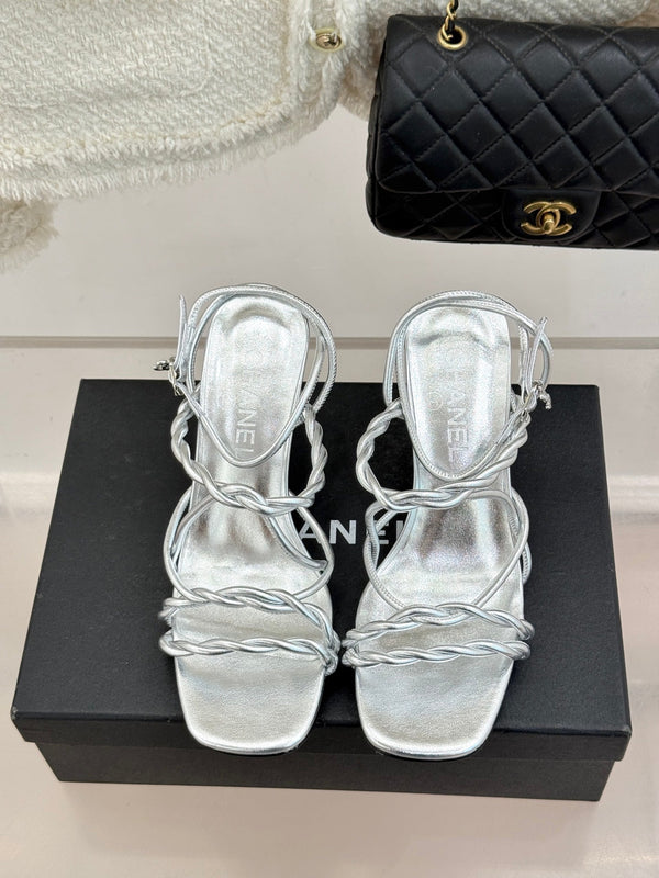 CC 26P Double C Strappy Square Toe High-Heeled 70 Sandals Silver in Cowhide 706346