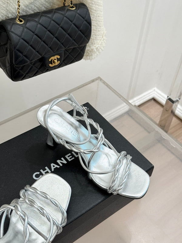 CC 26P Double C Strappy Square Toe High-Heeled 70 Sandals Silver in Cowhide 706346