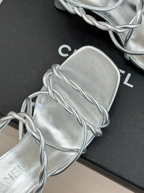 CC 26P Double C Strappy Square Toe High-Heeled 70 Sandals Silver in Cowhide 706346