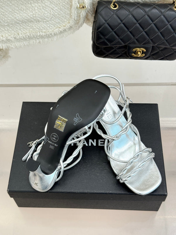 CC 26P Double C Strappy Square Toe High-Heeled 70 Sandals Silver in Cowhide 706346