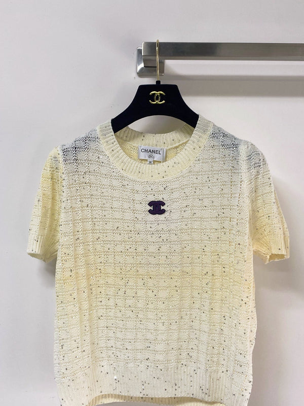 T-shirt Chanel à Manches Courtes Jaune Clair en Laine 283191