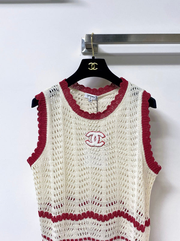 Gilet Chanel Beige Rouge en Coton Nitrifié 278196