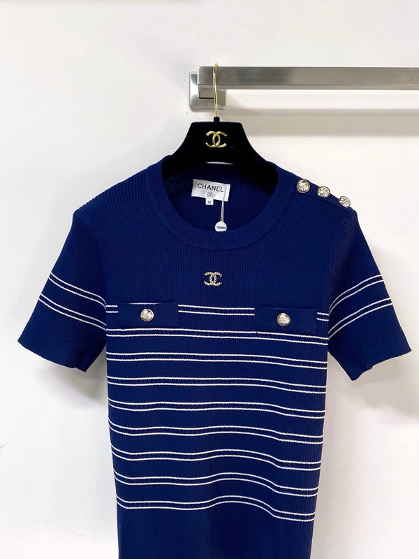 T-Shirt Manches Courtes Chanel Bleu Marine en Laine 287134