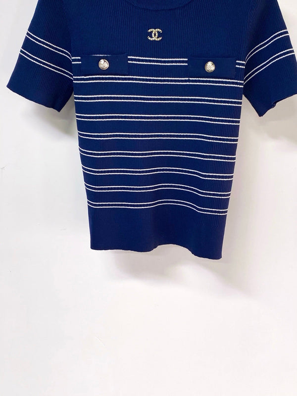 T-Shirt Manches Courtes Chanel Bleu Marine en Laine 287134