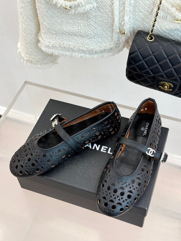 Chanel 26 Classic Double C Perforated Mary Jane Flats Black in Cowhide 717776