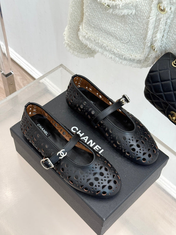 Chanel 26 Classic Double C Perforated Mary Jane Flats Black in Cowhide 717776