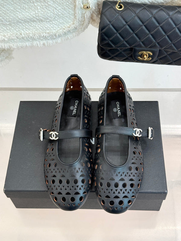 Chanel 26 Classic Double C Perforated Mary Jane Flats Black in Cowhide 717776