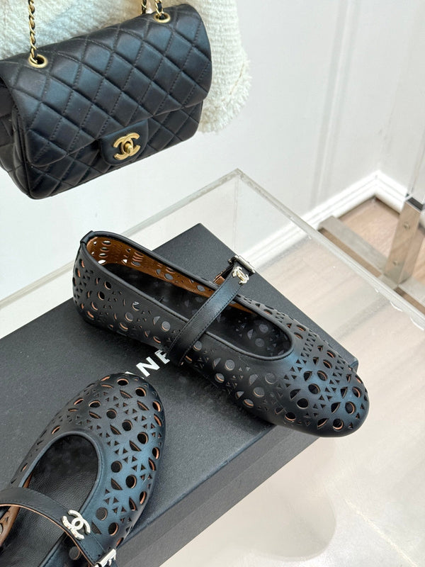Chanel 26 Classic Double C Perforated Mary Jane Flats Black in Cowhide 717776