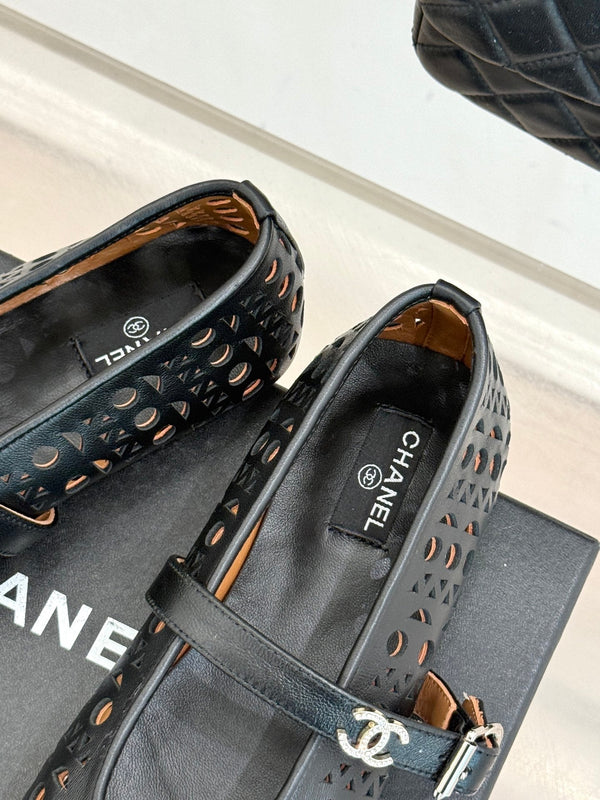 Chanel 26 Classic Double C Perforated Mary Jane Flats Black in Cowhide 717776