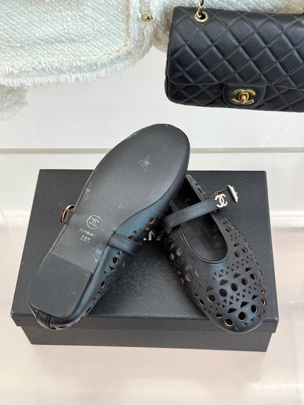 Chanel 26 Classic Double C Perforated Mary Jane Flats Black in Cowhide 717776