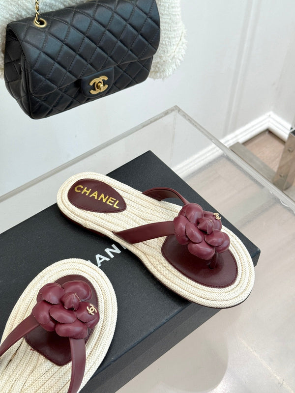 Chanel 26C Camellia Rope-Soled Flip-Flops Burgundy in Sheepskin 717716