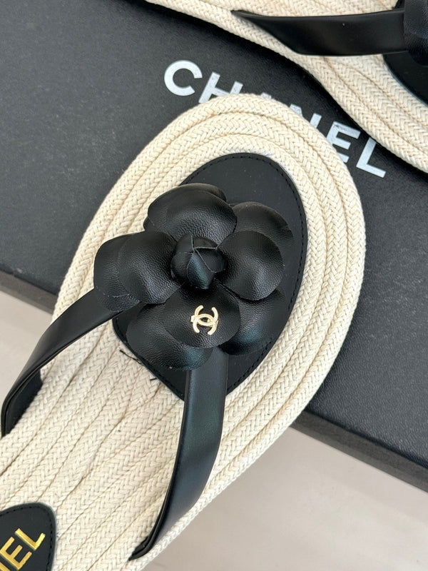 Chanel 26C Camellia Rope-Soled Flip-Flops Black in Sheepskin 717715