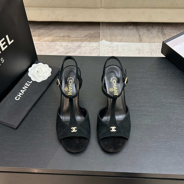 Chanel 26P Metallic Double C Stiletto Sandals 70 Black In Sandblasted Leather 717712