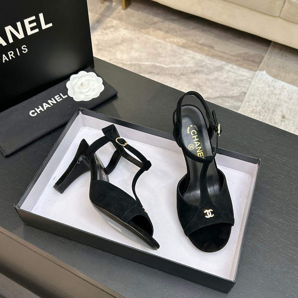 Chanel 26P Metallic Double C Stiletto Sandals 70 Black In Sandblasted Leather 717712