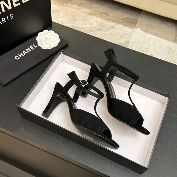 Chanel 26P Metallic Double C Stiletto Sandals 70 Black In Sandblasted Leather 717712