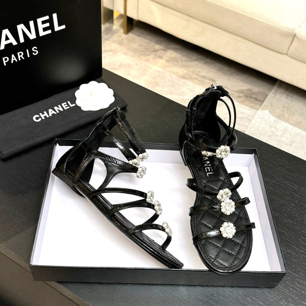 Chanel Camellia Pearl Chunky Heel Sandals Black In Cowhide Leather 717696