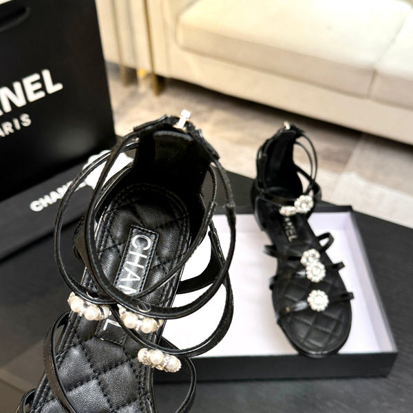 Chanel Camellia Pearl Chunky Heel Sandals Black In Cowhide Leather 717696