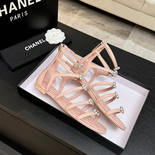 Chanel Camellia Pearl Chunky Heel Sandals Pink In Cowhide Leather 717695