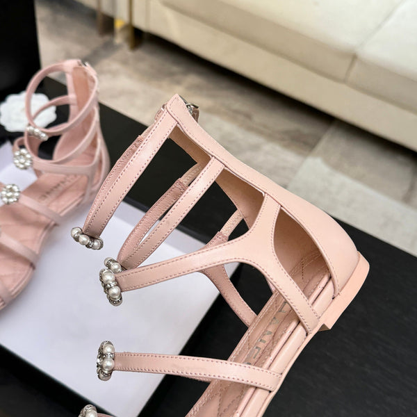 Chanel Camellia Pearl Chunky Heel Sandals Pink In Cowhide Leather 717695