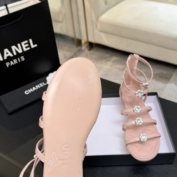 Chanel Camellia Pearl Chunky Heel Sandals Pink In Cowhide Leather 717695