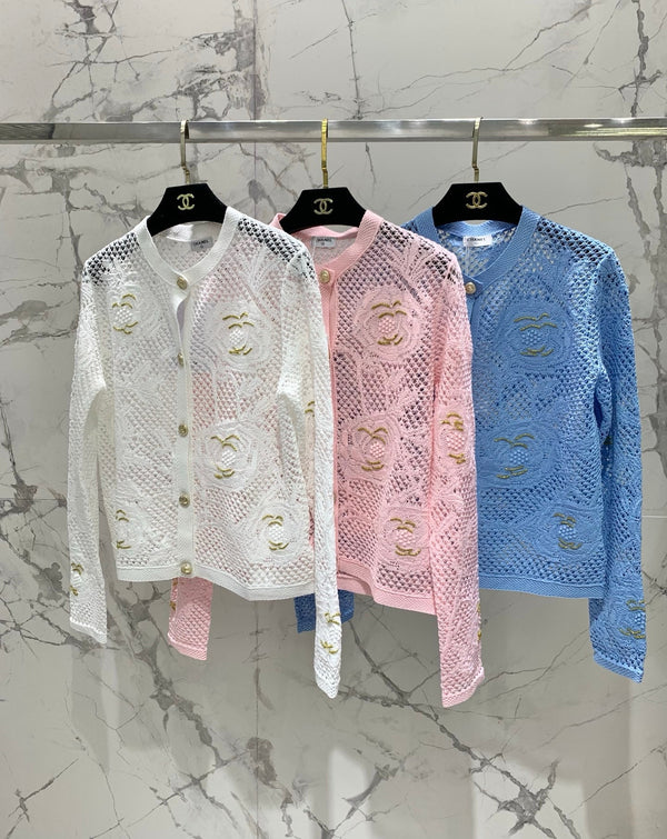 Chanel Embroidered Hollow-Out Cardigan White in Cotton 298306