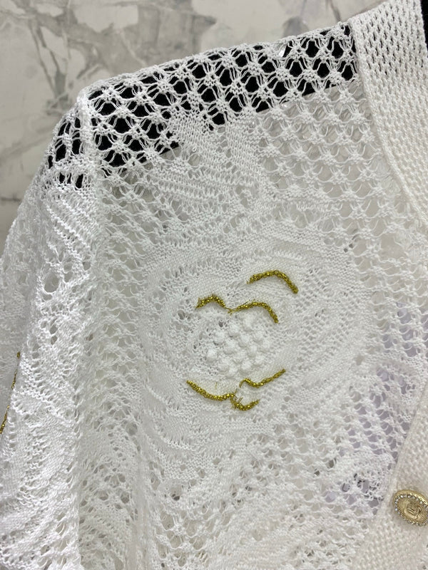 Chanel Embroidered Hollow-Out Cardigan White in Cotton 298306