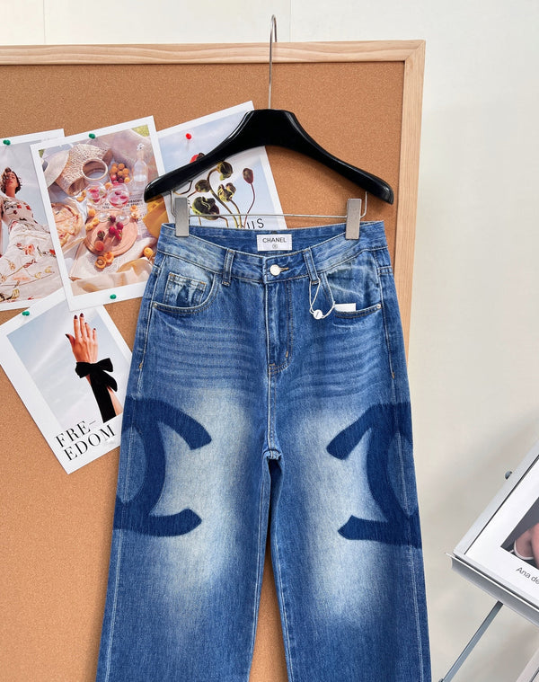 Chanel 26 Double C Logo Straight Leg Pants Blue in Cotton 298254