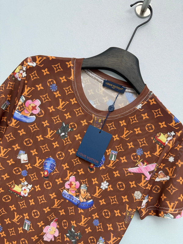 LV 26 Monogram Mesh Short-Sleeve Top Brown in Cotton 371757