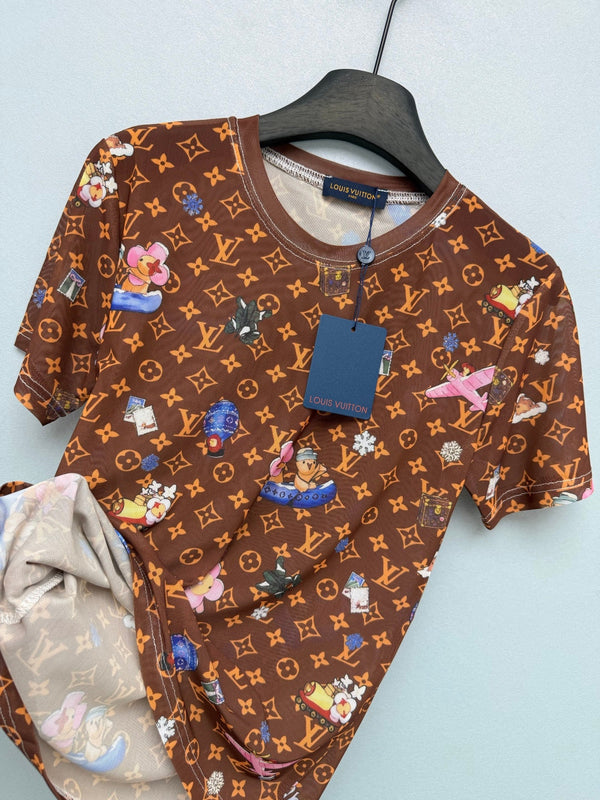 LV 26 Monogram Mesh Short-Sleeve Top Brown in Cotton 371757