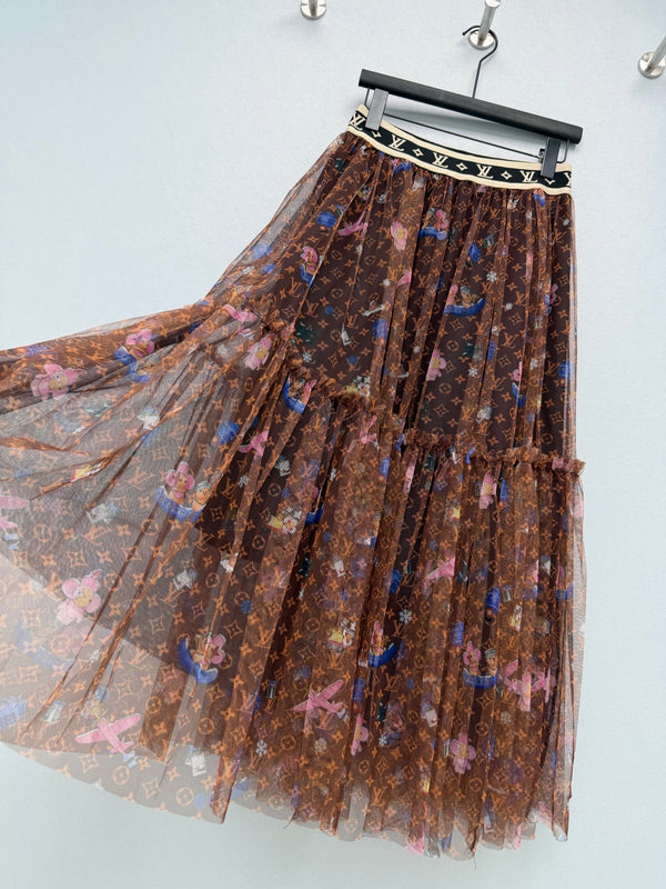 LV 26 Monogram Print Tulle Skirt Brown in Cotton 371756